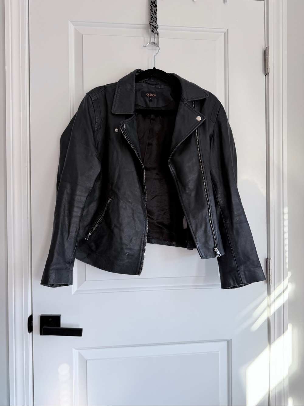 Quince Black Leather Asymmetrical Moto Jacket - Women